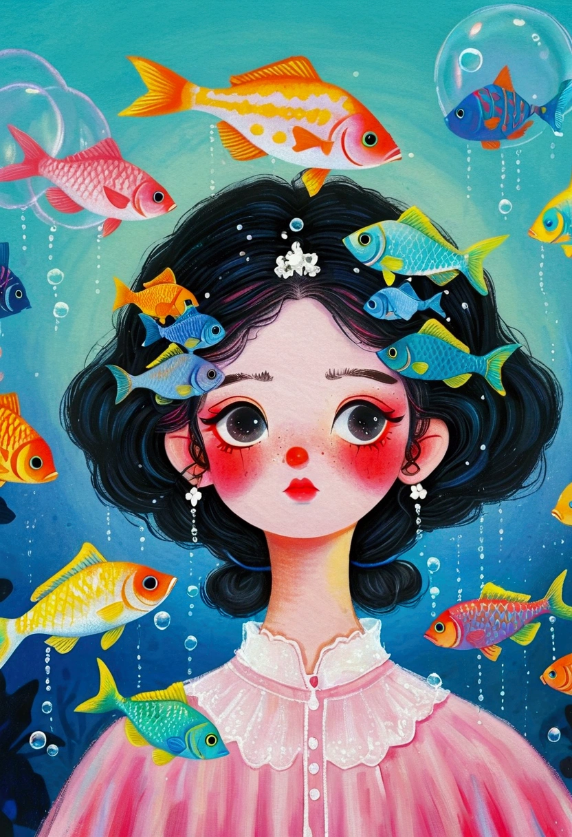 Pastel Art Illustration：A painting of a woman with fish in her hair,Bubbles， Jin Nong&#39;s Surrealism, Winner of the Behance competition, Pop surrealism, Color illustrations, A beautiful artistic illustration, Colorfull illustration, Pop surrealism art style, Digital illustration style, Fantasy illustrations, Illustration Art, Magical surrealism, Digital fantasy illustration, Pop surrealism lowbrow art style,Solid color background