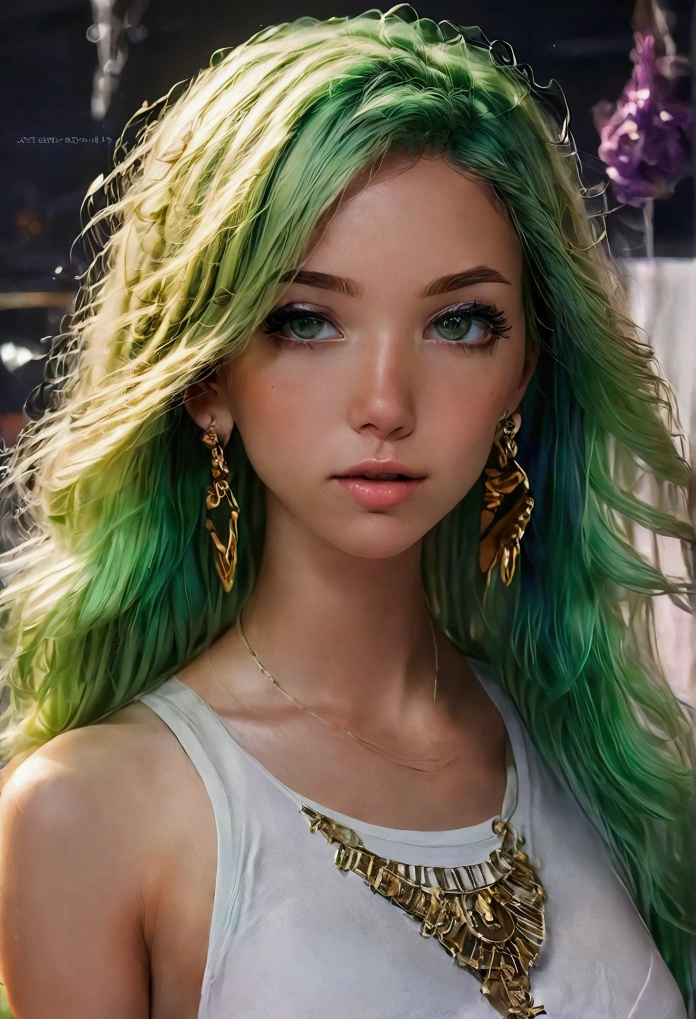 Green hair, Purple eyes , Gorgeous girl , Nipples , Big tits, Surrealism, Anime, 8k, super detail, Photo Studio style