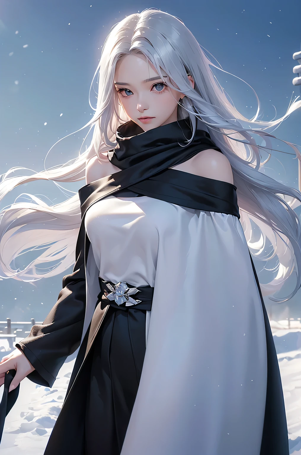 ((masterpiece:1.5、8k、Portraiture、Photorealistic and very detailed CG、Very detailed、Particle Effects、Dynamic Effects、Shallow depth of field、Cinematic Light、Lens flare、Ray Tracing、Tabletop、Realistic:1.4、Ultra-high resolution:1.2、Realistic、Realistic))((alone、,A woman wearing a cashmere coat over an off-the-shoulder dress:1.4、wear a long scarf、White Belt、coat、Elegant woman posing、Detailed face、brightexpression、young, bright, Whiter skin、small breasts、Best Looks、Ultimate beauty、Shiny silver hair with highlights、bright and shiny hair,、Super long, Silky straight hair、Hair dancing in the wind))(morning、outdoors, winter, snow falling)