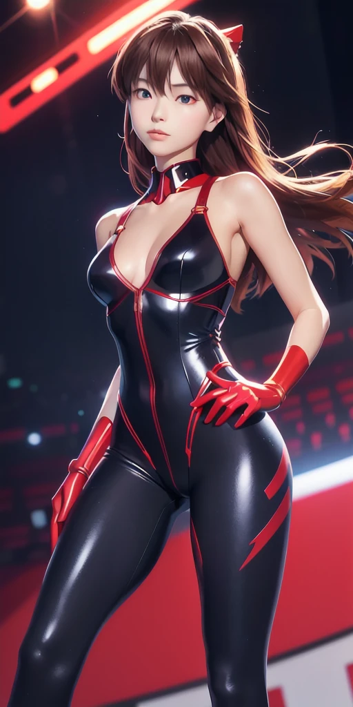 (Overlooking figure), Dynamic Angle, head to toe, full body, Very detailed, figure, close, Straight, One girl, 
 ((Soryu Asuka Langley, Interface Headset, Red bodysuit:1.4, bionde)), Her eyes shone like dream-like stars, (Glowing Eyes:1.233), (Beautiful and detailed:1.1), (Expressionless,Mouth closed), (Are standing), 
on the stage, in the dark, many spot light, 
(night:1.2),dream-like, [[Delicate fingers and hands:0.55]::0.85],(finger details),