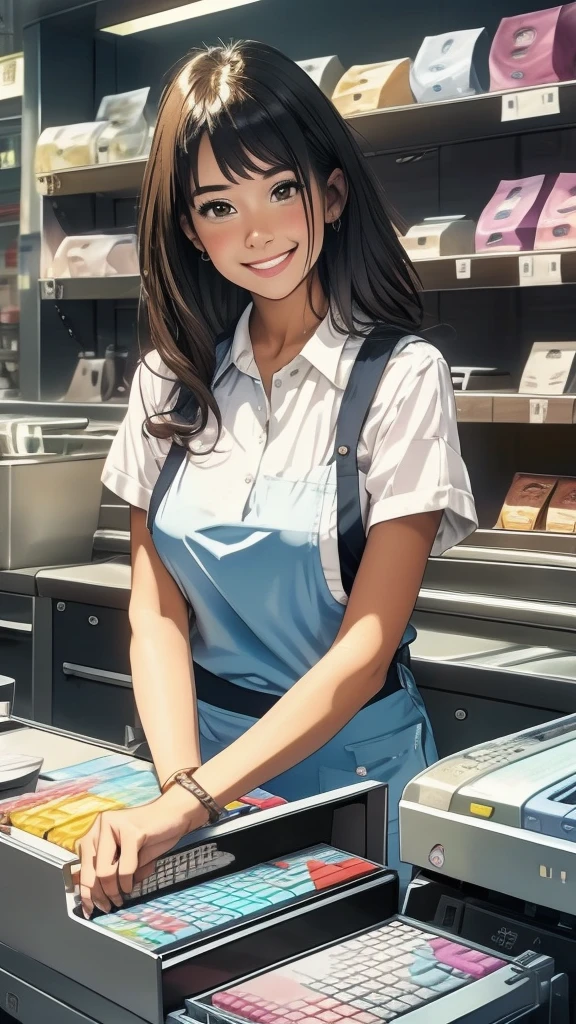 young woman,Facing forward,smile,((Standing inside the cash register)),Touching the cash register machine,Customer Service,((There is a cash register on the table)),(Scanning product barcodes at the cash register)),Supermarket clerk,Wearing an apron,((Working as a cashier)),((Cashier)),((cashier,register,)),((Receive money from customers)),There are products on the shelves,In the supermarket,Bright interior