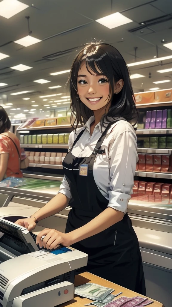 young woman,Facing forward,smile,((Standing inside the cash register)),Touching the cash register machine,Customer Service,((There is a cash register on the table)),(Scanning product barcodes at the cash register)),Supermarket clerk,Wearing an apron,((Working as a cashier)),((Cashier)),((cashier,register,)),((Receive money from customers)),There are products on the shelves,In the supermarket,Bright interior