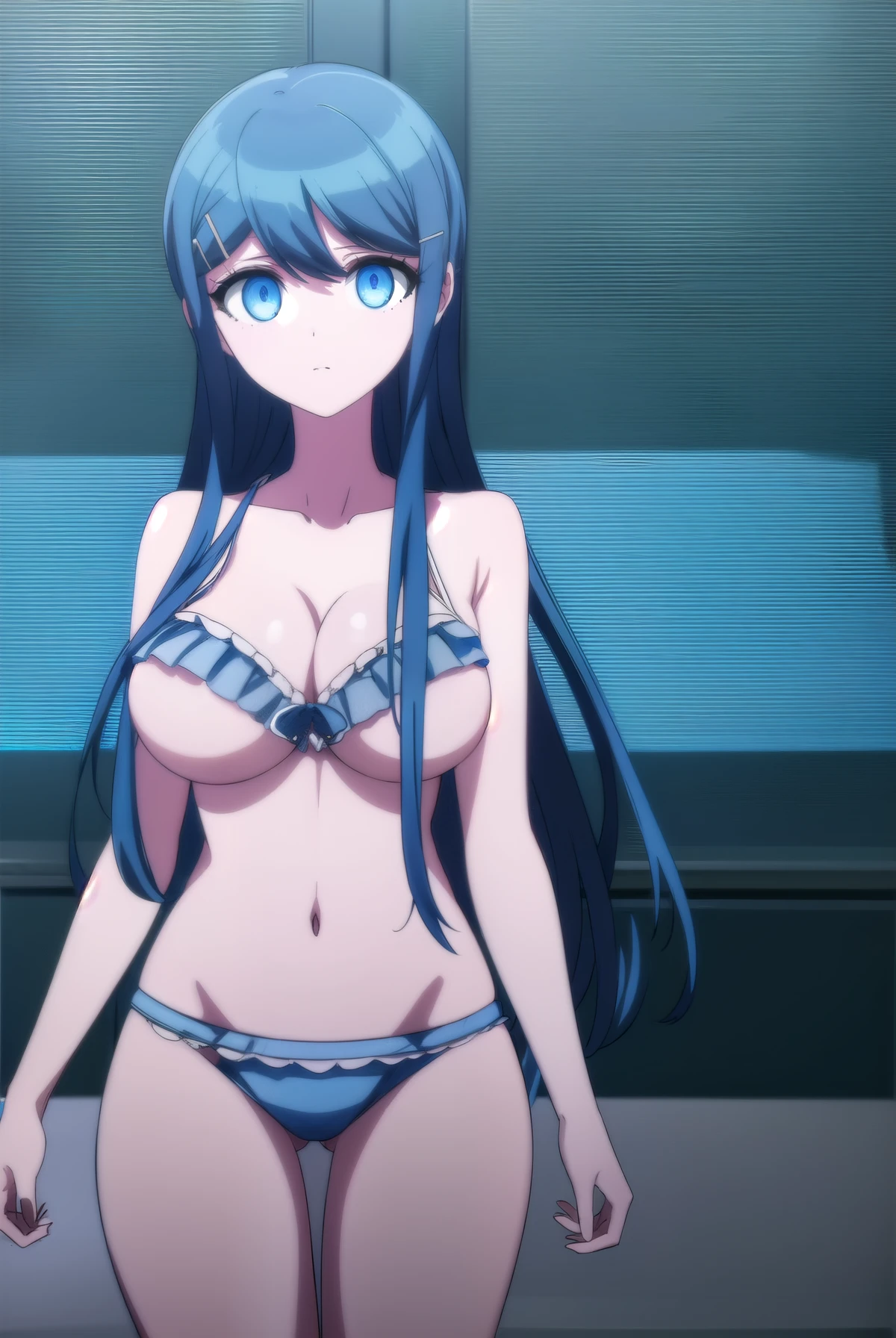 sayakamaizono, sayaka maizono, long hair, blue eyes, hair ornament, blue hair, hairclip, (((large breast))) , big_breast, serafuku, looking at viewer, (masterpiece:1.2), best quality, high resolution, unity 8k wallpaper, (illustration:0.8), (beautiful detailed eyes:1.6), extremely detailed face, perfect lighting, extremely detailed CG, (perfect hands, perfect anatomy), 1 girl, blue_bikini, beach_background
