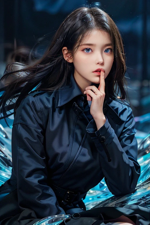(Best Quality, masterpiece),(1 girl, Trench coat,expression face, blue eyes, looking at the viewer, black fur, Closed mouth, dress shirt, black skirt, hand to the viewer), (less blue light, swirling behind many pieces of blue glass, floating objects, night sky)