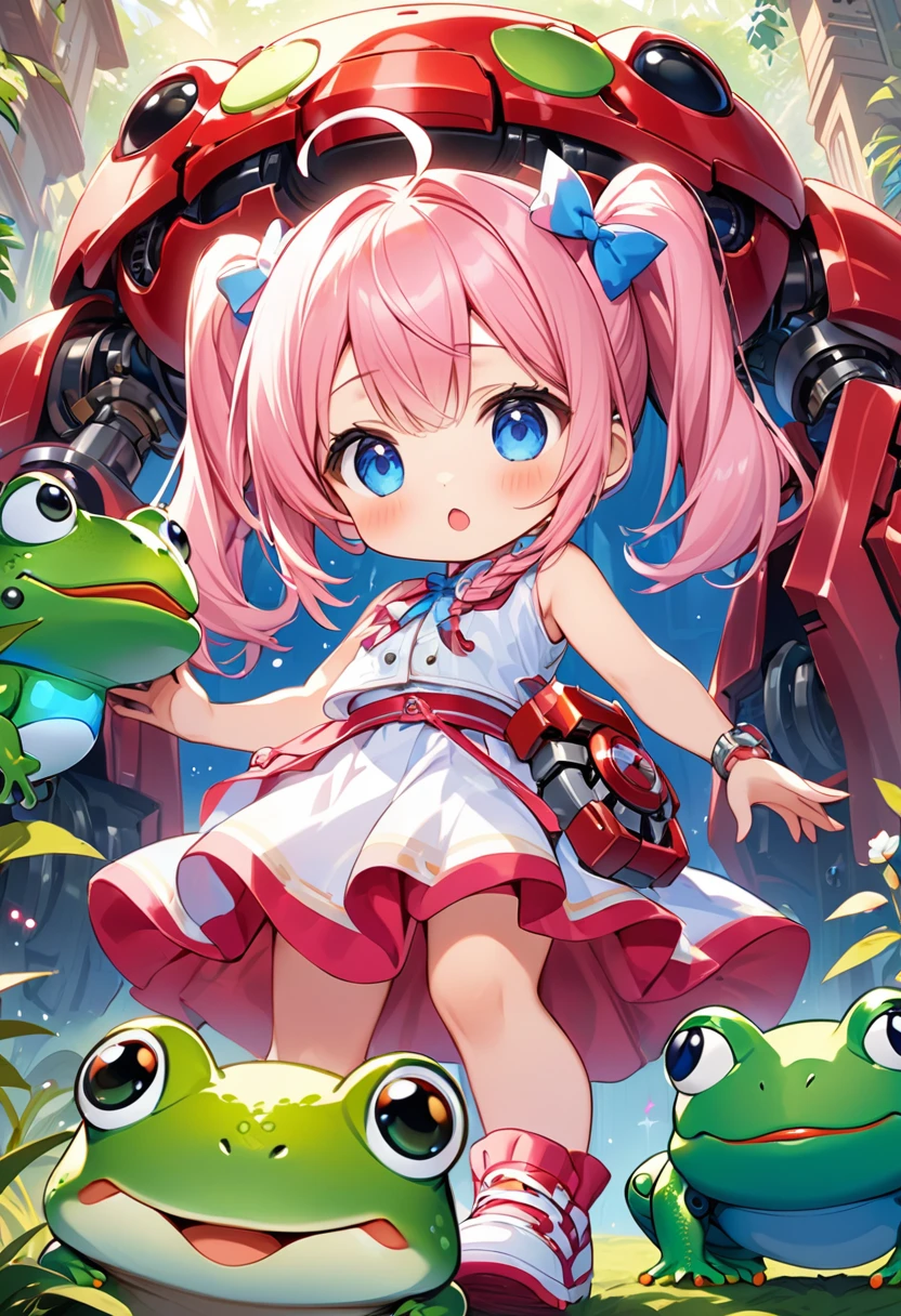 Highest quality、High resolution、Detailed Background、Beautiful face in every detail、Anatomically correct、Detailed facial expressions、fine grain、((full body, from below:1.8, front shot)), break　((A girl and a large mechanical frog face each other:1.2)、(Chibi Girl:1.2))、Cute hair color、Big beautiful blue eyes、Fuller lips、Pink Lips、Braided twin tails、Ahoge、(A girl is talking to a frog:1.2)、(Cute sleeveless summer clotheini skirt、Cute sneakers)、break　((Pet the mechanical frog&#39;s head:1.2、Raise your arms))、(Big smile、Open your mouth wide、Happy Face:1.2)、break　(Background is the research institute、In the glass room、((Big Frog:1.2)))