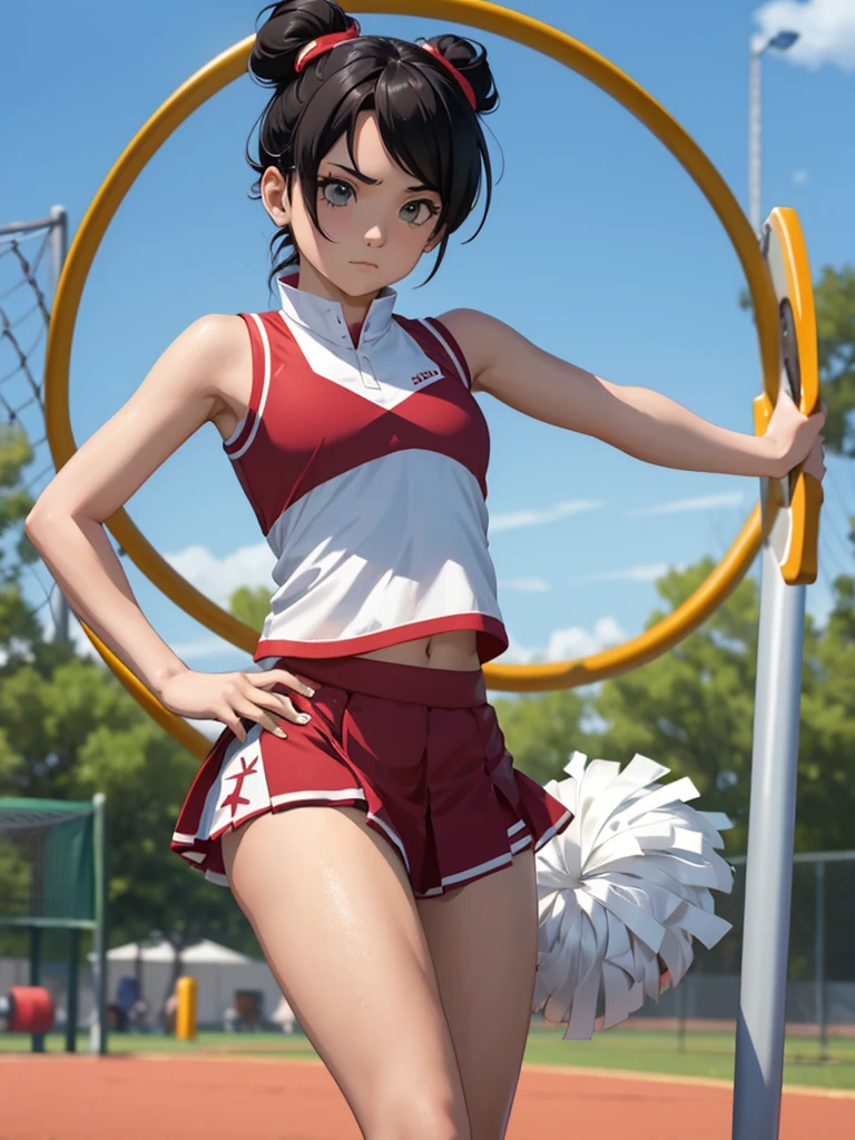 (Tenten), 1girl, as a cheerleader, wearing a cheerleader outfit, at a playground, Tenten's hair style , 8k, high detailed, high quality