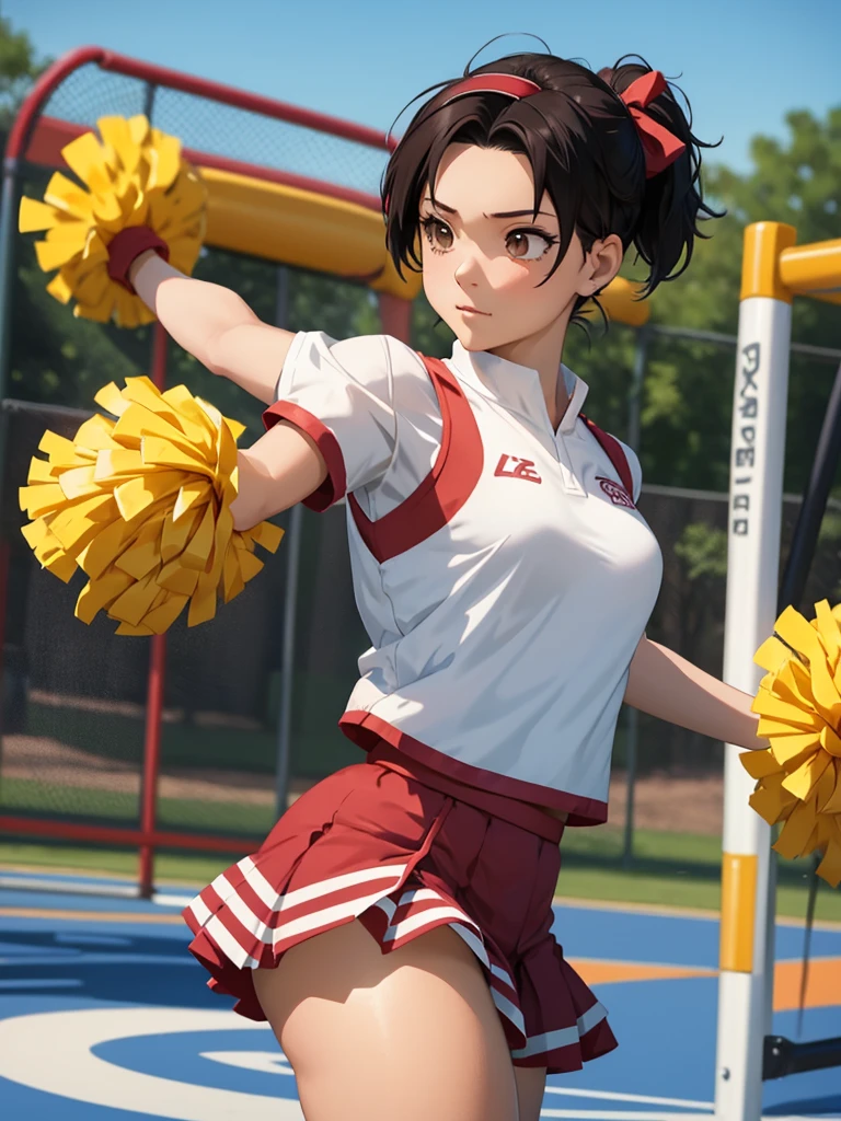 (Tenten), 1girl, as a cheerleader, wearing a cheerleader outfit, at a playground, Tenten's hair style , 8k, high detailed, high quality