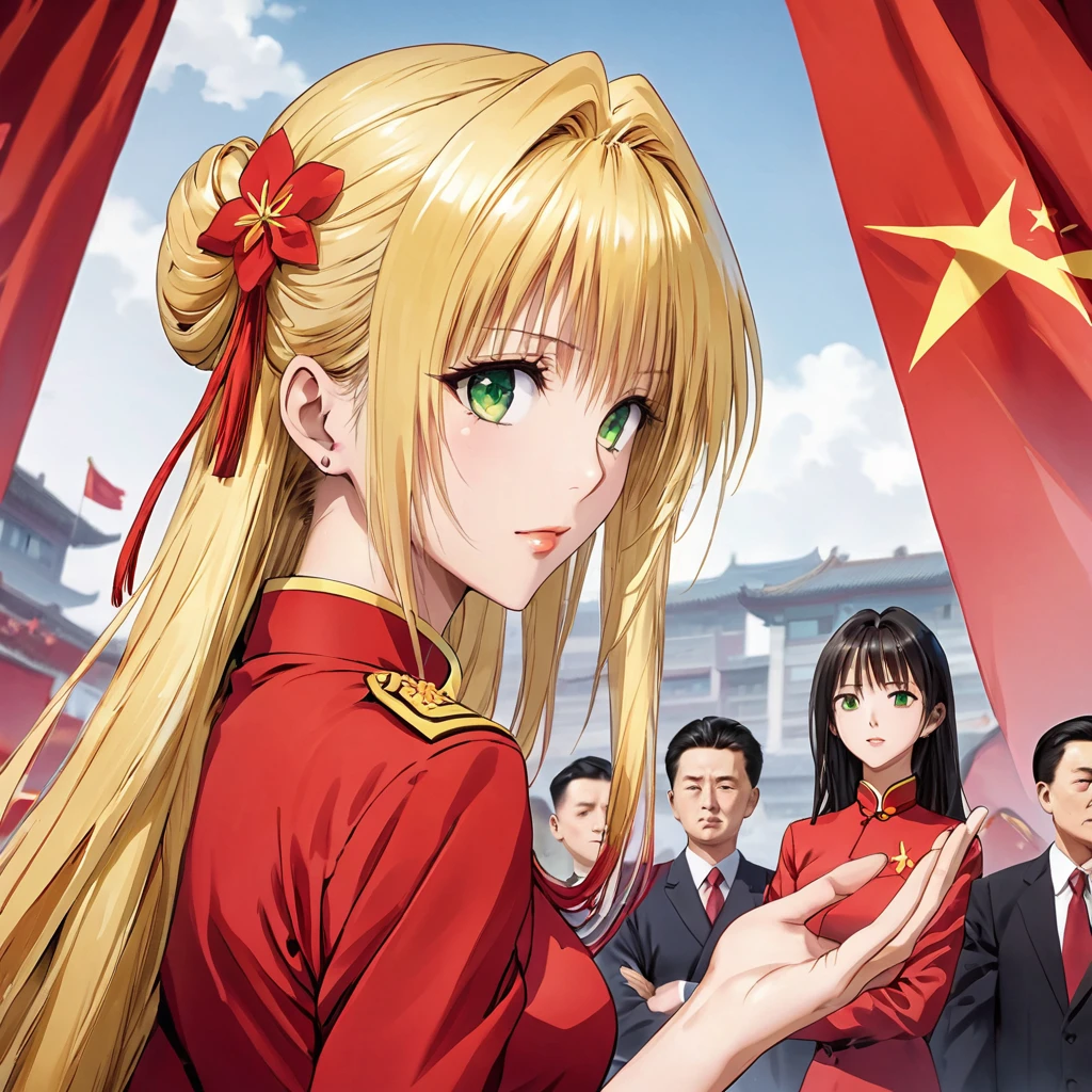 ((Highest quality)), ((masterpiece)), (detailed), (Perfect Face)、The woman is a Chinese woman named Tieryu Lunatique, a green-eyed, blonde, medium-long-haired Chinese woman wearing an engagement ring. She has become a member of the glorious Chinese Communist Party and pledges absolute loyalty to the Chinese Communist Party. She is a righteous Communist Party member of China.、The woman is wearing the fine red uniform of a Chinese Communist Party member.、For the sake of China, they dye their hair, hairstyle, clothes, and everything they wear belongs to the Chinese Communist Party, and their thoughts are also Chinese, becoming great Chinese in body and mind.、The woman became a Chinese woman named Tiare Lunatique, who was proud of China and loved it devotedly.、She is serving China as a member of the great Communist Party of China.、She is a beautiful, respectable and exemplary Communist.