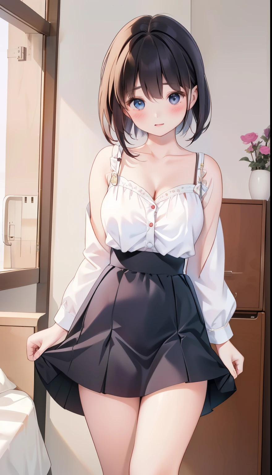 One Girl、positive、Standing posture、Full body portrait、Black Hair、Medium Haircut、blush、Absolute area、No panties、No bra、barefoot、Light blue dress、Off-the-shoulder dress、（Very large breasts）、Cleavage、((Lesbians around the world))、masterpiece、（highest quality）、、White heel sandals、Shirt buttons fly off、Unbutton your shirt、Exposing the breasts、pussy