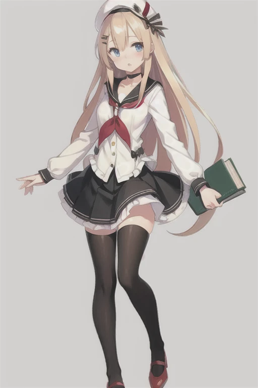 saratoga \(warship girls r\)，((masterpiece)),(((best quality))),((ultra-detailed)),((illustration)),((disheveled hair)),((frills)),(1 girl),(solo),1girl, black legwear, black skirt, blonde hair, blue eyes, blush, book, choker, collarbone, full body, hat, long hair, long sleeves, looking at viewer, open mouth, pleated skirt, red footwear, sailor collar, serafuku, shoes, skirt, solo, thighhighs, very long hair