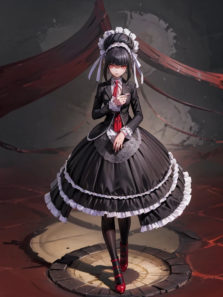 Celestia Ludenberg, Wearing black tights, hands on knees,Highest quality,((Highest quality)),((Tabletop)),((Perfect Face)),1 girl,Cold gaze,Long eyelashes, beauty,((Holographic)),(masterpiece:1.2, Highest quality),(Desolate desert background) , (Beautiful attention to detail: 1.2), (非常にdetailedな CG Unity 8K 壁紙, masterpiece, Highest quality, 非常にdetailed, Best Shadow), (detailedな背景), Chaotic abstract background, Vector Trace, Gradient blending and artistic elements add depth to your work. The overall atmosphere is creepy and nightmarish....., With a unique artistic touch. This movie is、The dark and crazy world of horror movies depicted in HD., Evoke visual stimuli and aesthetic sense, それ will terrify and excite the audience....,Watercolor, The background is a dark and desolate landscape, Horror movie atmosphere. Her figure is very beautiful, Emphasizing the dark and crazy elements. Skillfully expressing the effects of light and shadow, detailed, The face and expression of the black costume are also carefully drawn.....,sketch (Character design sheet, same characters, whole body, Three-View, front, ~ ~ ~ ~ ~ side, return) 1 female, Nervous,Cowboy Shot,