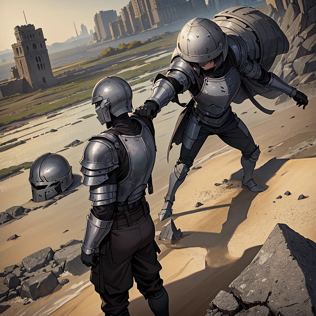 Best illustrations、Best Quality、(((Gray simple armor、Black trousers、Black gloves、Short Hair、Black Hair、20 year old man、Iron Helmet、Iron helmet)))、(((Fighting Pose)))、(Old ruins、desert。Grasasked Knight)、(Black, muddy swamp)、(Medieval Knight)、(Close your eyes、get annoyed、Open your mouth、Get angry、Sweat)、battlefield、(From the back、back view)、Sea of mud、Black Sea、Fall to the ground
