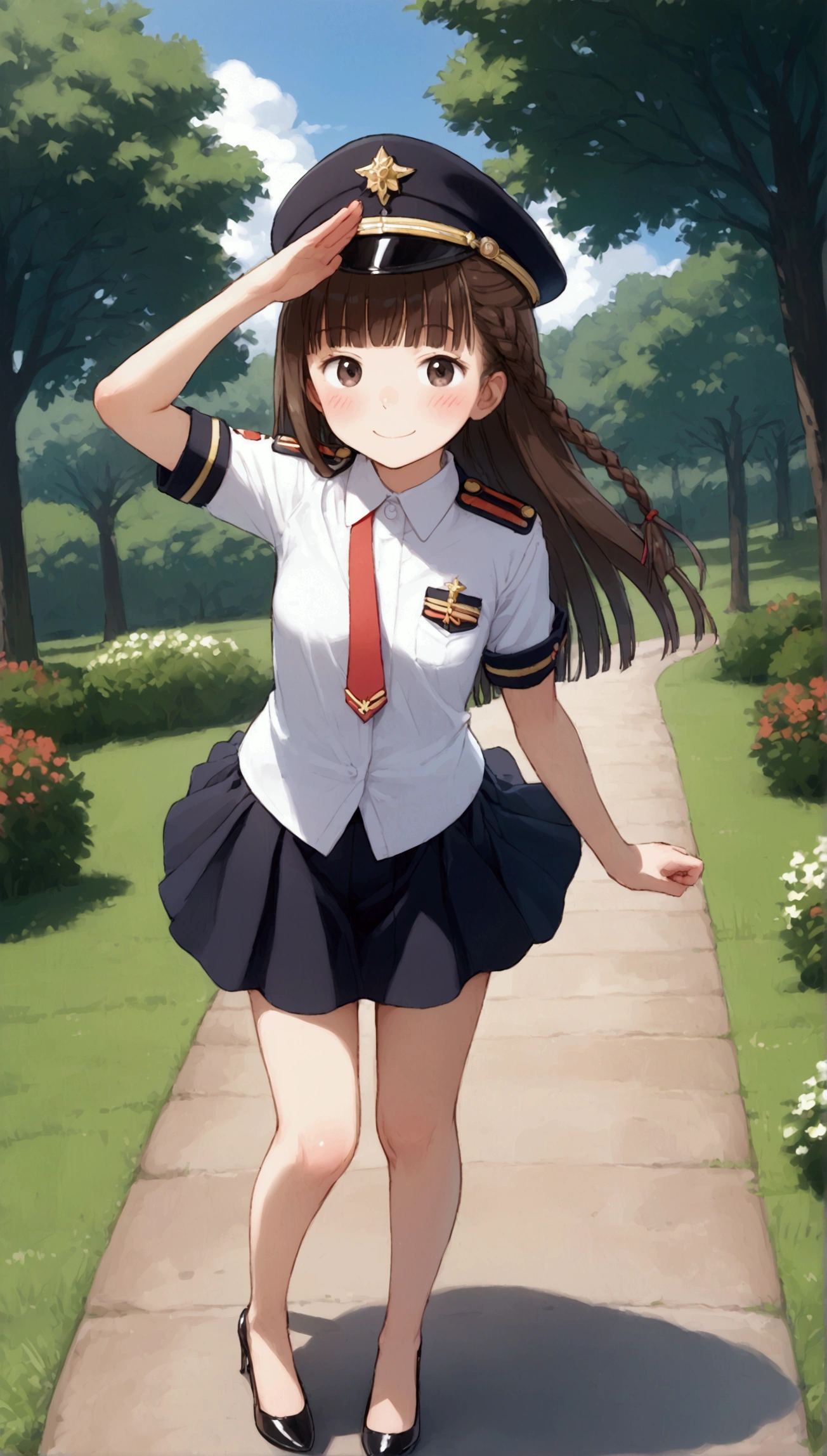 {Highest quality}, {Super beautiful},{Ultra fine},{Best illustration},Brown Hair,Hime cut,long hair,Braid,One woman,Standing Woman,Strike a pose,smile,smilingly,Uniform cap,White Shirt,Short sleeve,Long black skirt,at the park,Blushing,Slender,Black stiletto heels,barefoot,One leg bent,From an angle,from the front,salute