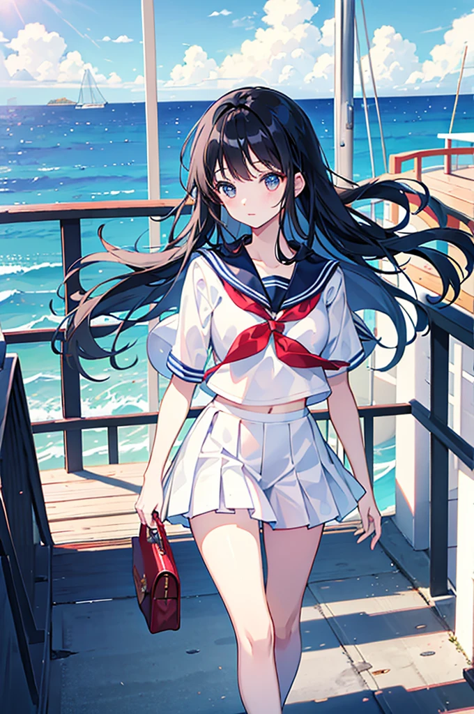 High school girls, cute,Sailor suit,Black Hair,long hair,summer