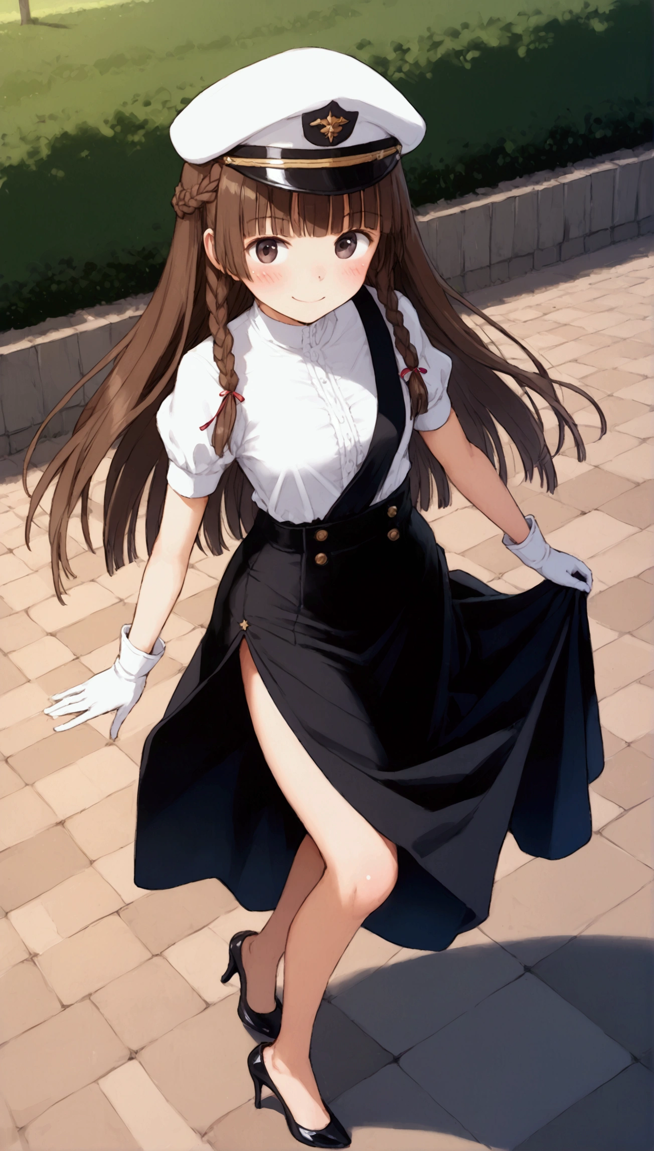 {Highest quality}, {Super beautiful},{Ultra fine},{Best illustration},Brown Hair,Hime cut,long hair,Braid,One woman,Standing Woman,Strike a pose,smile,smilingly,Uniform cap,White Shirt,Short sleeve,Long black skirt,White gloves,at the park,Blushing,Slender,Black stiletto heels,barefoot,One leg bent,From an angle,from the front