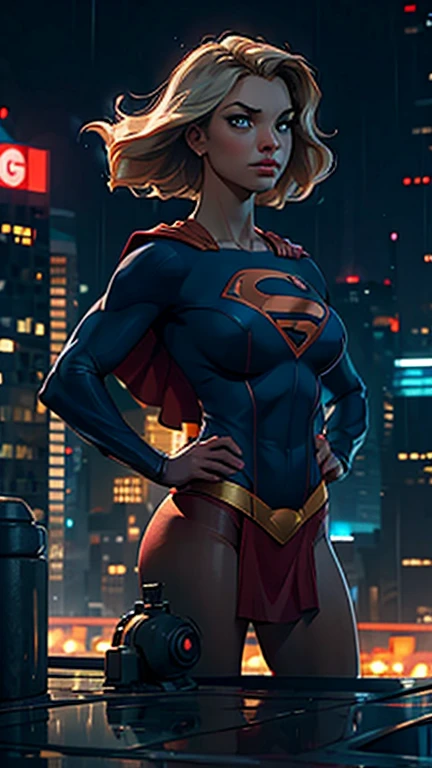 Masterpiece. Gloomy city, night, dim lights, pouring rain. On sryscrapers roof tops, two busty babes standing, arms crossed: Supergirl and Power Girl.