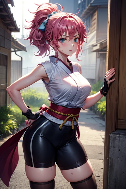 masterpiece, Highest quality,  Unreal Engine,  Super Resolution, Very detailed, 

Beautiful woman, machi, short kimono, (no hurisode), obi, sash, fingerless gloves, bike shorts, socks,thighhighs,or, ponytail,hair_ornament, Vivid expression, Healthy Body, Smooth skin texture, Carefully drawn, 

(humidity:1.5), Beautiful Eyes, (Attractive face:1.2), (Beautiful Skin), Tight waist, (Big Breasts), (Sticky with sweat), Dynamic pose, 

In the world of Hunter Hunter, Outdoor, Slums at night,