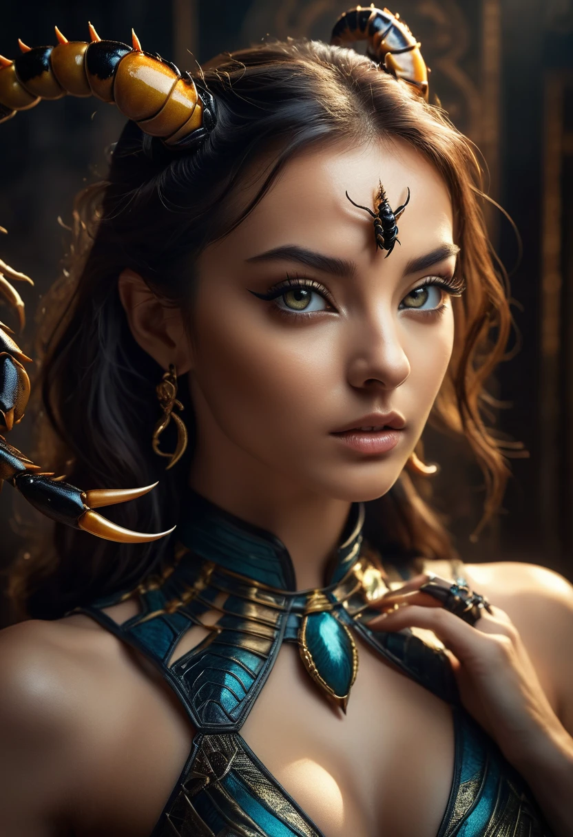 Wide angle shoot of a beautiful woman, scorpion-feline hybrid, extremely detailed, photorealistic, 8k, hyper-realistic, intricate details, striking features, feline eyes, sharp scorpion claws, dynamic pose, ethereal, mysterious aura, dramatic lighting, cinematic, moody colors, deep shadows