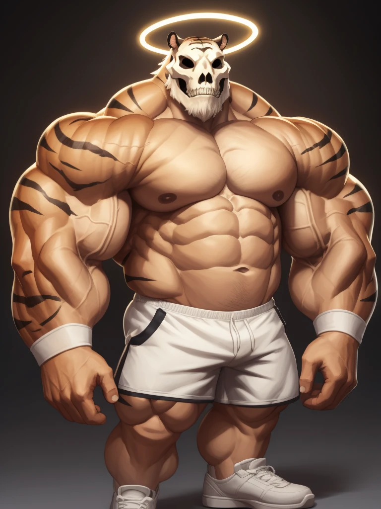 simple background, Solo, 1boy, perfect anatomy, angel, perfect proportion, tiger skull head, tiger skull face, perfect center, sharp eyes, big eyes, peaceful, angel eyes, halo, (smile, happiness), calm, perfect fingers, big hand, fingers. Huge Muscular Old man with short hair, shoes, (white shorts), view from side, pectoral, thick arms, huge pectoral, wide pectoral, white hair, white beards, simple background, masterpiece, semirealistic:1.2, high detailed, 8k, high resolution, perfect center, full view. ((really big muscle, massive muscular, sixpack, thick arms, wide pectoral, super huge muscle, hyper muscular, over sized muscle, huge arms, big arms, huge pectoral))