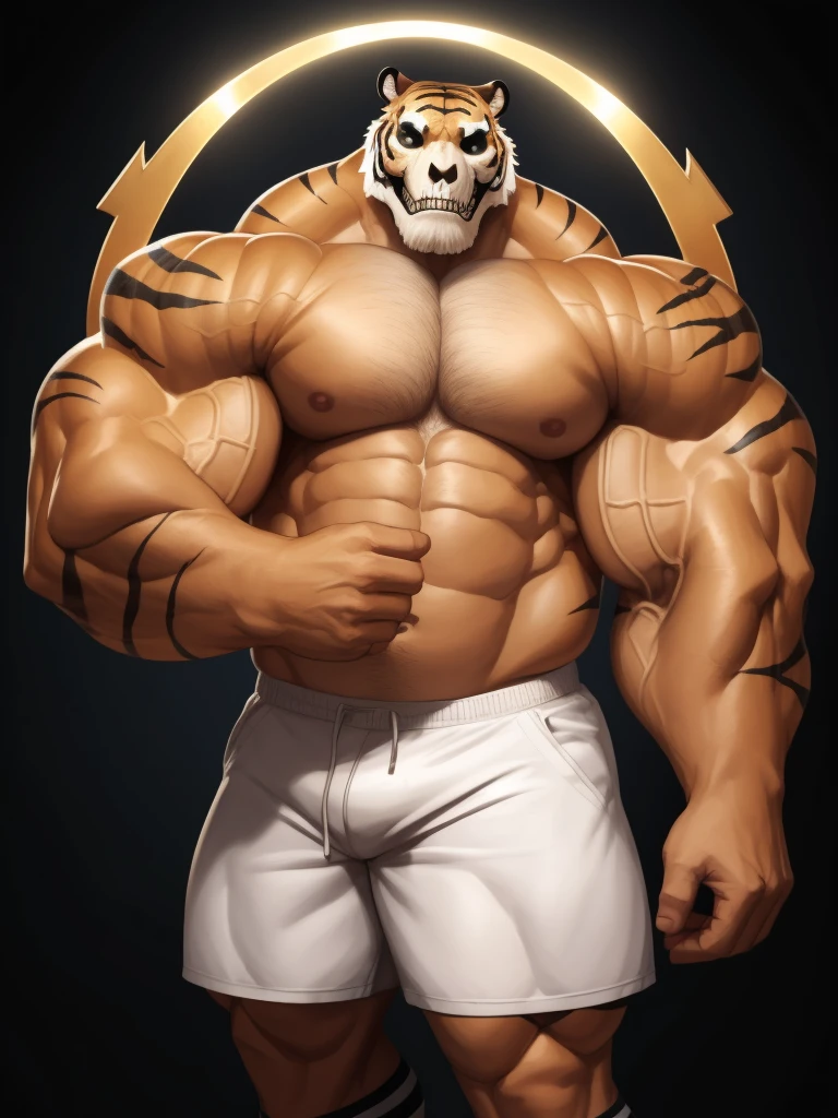 simple background, Solo, 1boy, perfect anatomy, angel, perfect proportion, tiger skull head, tiger skull face, perfect center, sharp eyes, big eyes, peaceful, angel eyes, halo, (smile, happiness), calm, perfect fingers, big hand, fingers. Huge Muscular Old man with short hair, shoes, (white shorts), view from side, pectoral, thick arms, huge pectoral, wide pectoral, white hair, white beards, simple background, masterpiece, semirealistic:1.2, high detailed, 8k, high resolution, perfect center, full view. ((really big muscle, massive muscular, sixpack, thick arms, wide pectoral, super huge muscle, hyper muscular, over sized muscle, huge arms, big arms, huge pectoral))