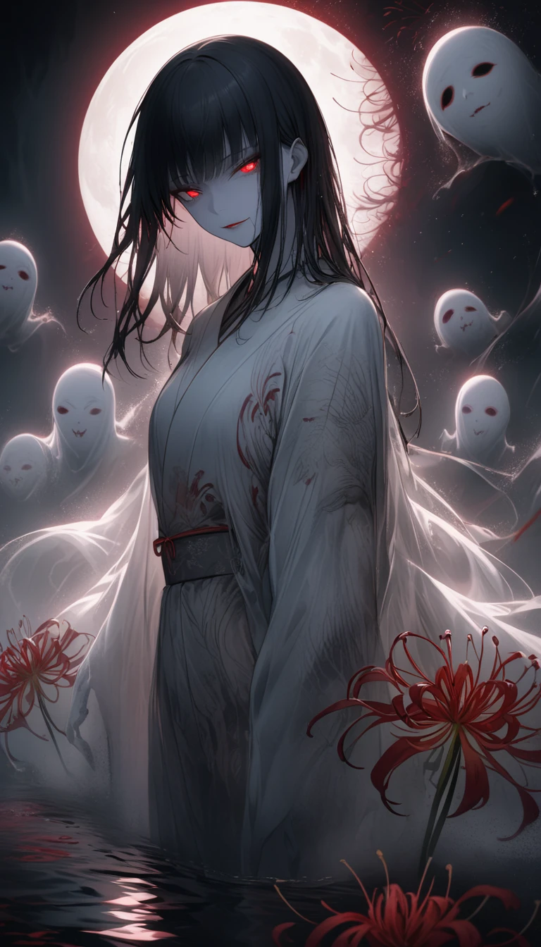 animation illustration, 1 woman, black pants, long hair,, 극적인 Fog, etc., my face shines, Fill lamp,Creepy, fill with light, ((masterpiece)), ghost, White, hair that burns white, With a scythe, Fog, whole body,(best face)