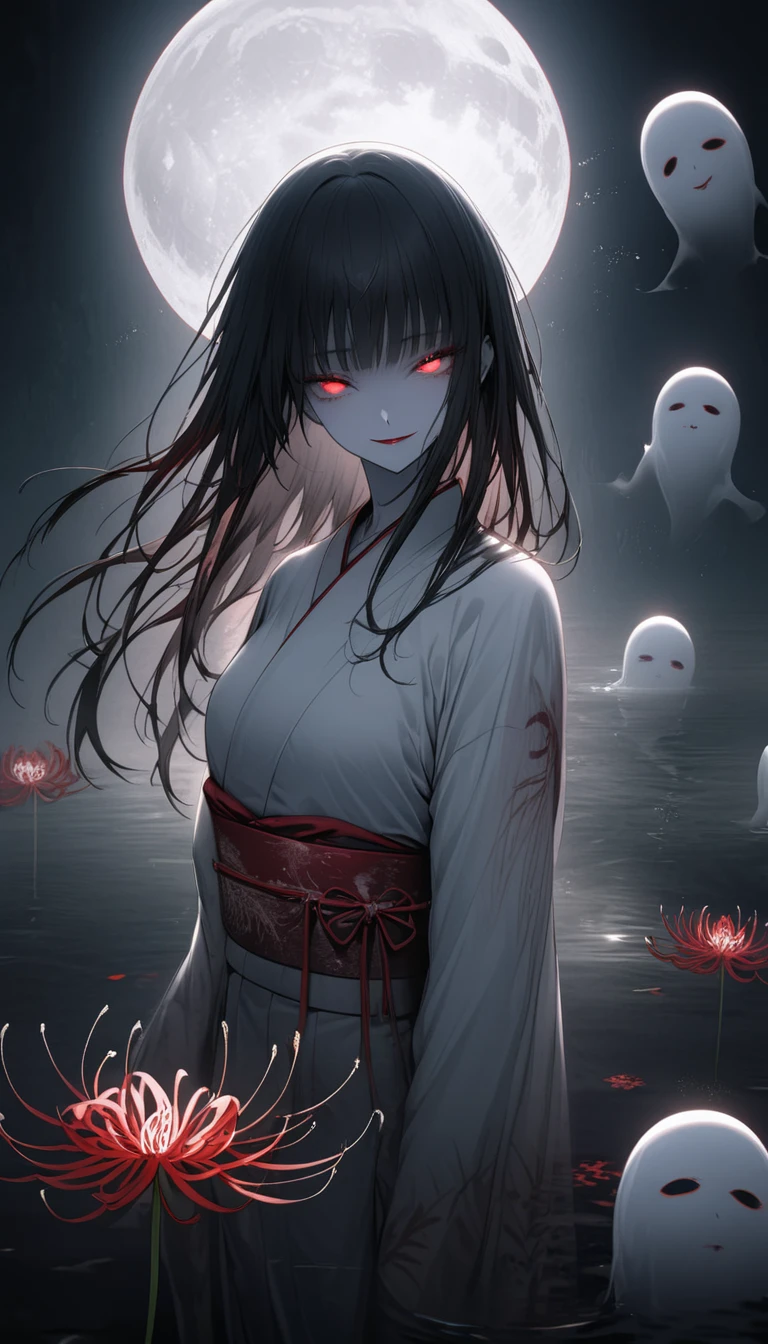 Black, white and red spider lilies in full bloom illuminated by the light of the full moon,A light-colored kimono that is so thin it is almost transparent,Beautiful long straight black hair,Red lipstick,A mysterious and seductive smile,Pale skin,Standing by the water,The human soul is floating,Japan Ghost Story