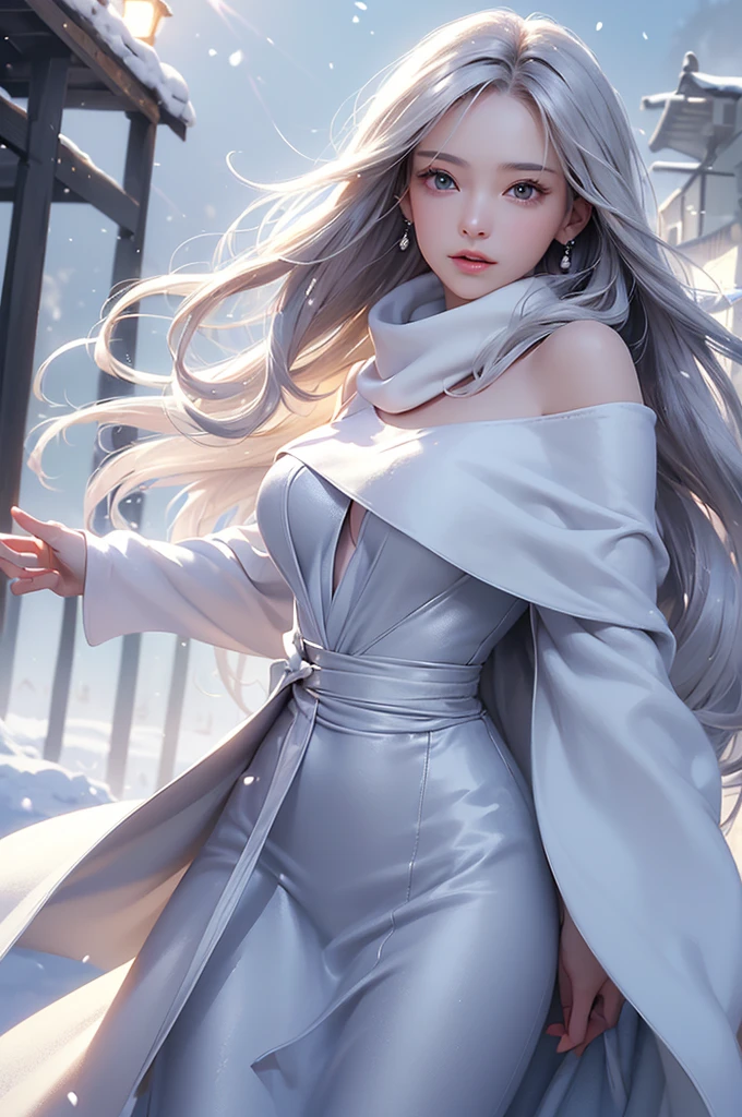 ((masterpiece:1.5、8k、Portraiture、フォトリアリスティックでVery detailedなCG、Very detailed、Particle Effects、Dynamic Effects、Shallow depth of field、Cinematic Light、Lens flare、Ray Tracing、Tabletop、Realistic:1.4、Ultra-high resolution:1.2、Realistic、Realistic))((alone、,A woman wearing a cashmere coat over an off-the-shoulder dress:1.4、wear a long scarf、Elegant woman posing、Detailed face、bright表情、young, bright, Whiter skin、Ample breasts、Best Looks、Ultimate beauty、Shiny silver hair with highlights、bright and shiny hair,、Super long, Silky straight hair、Hair dancing in the wind))(morning、outdoors, winter, snow)