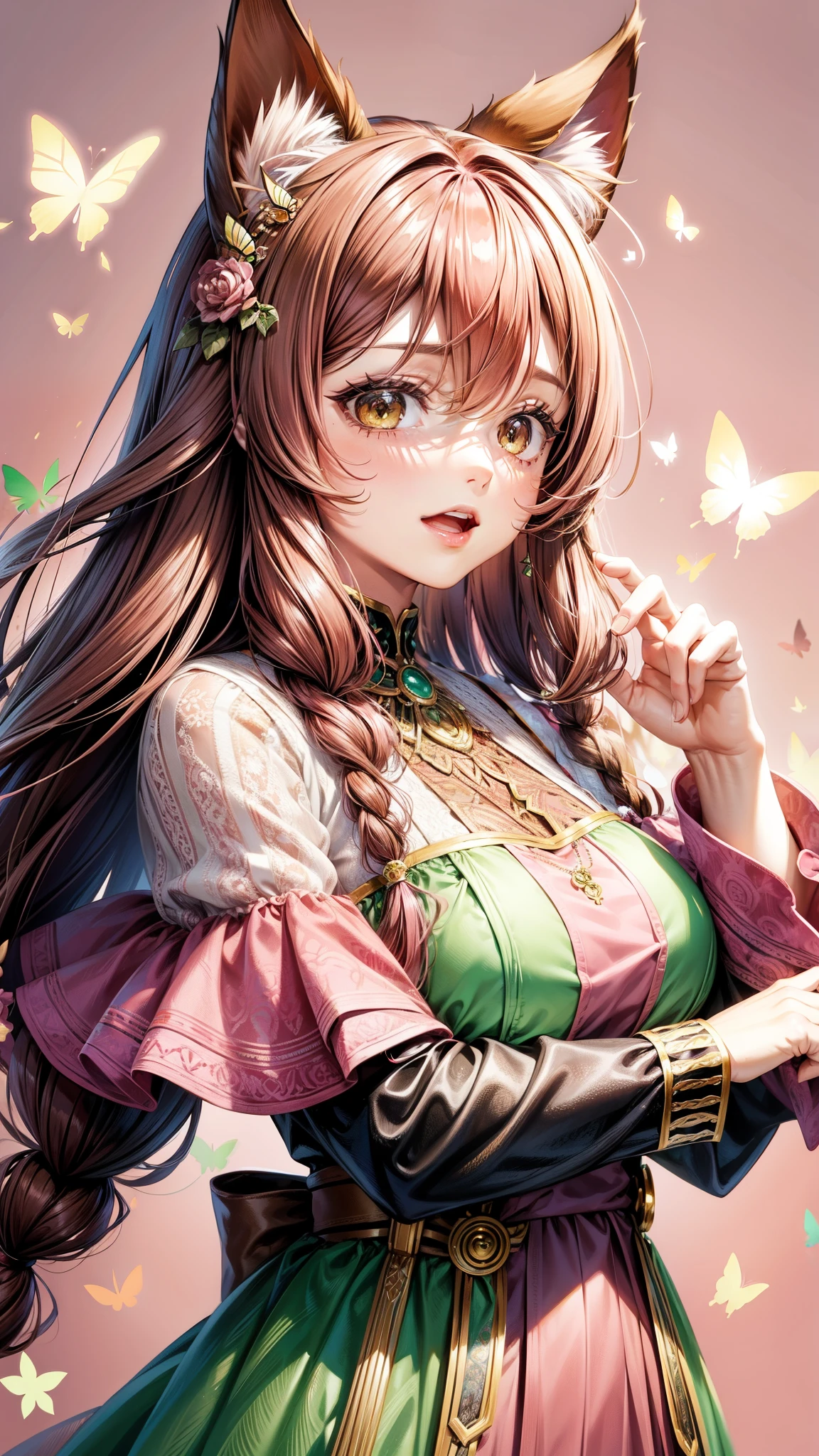 Brown and pink hair, brown eyes, older woman, long thick hair, hair ornaments, happy, cat ears, dress outfit, pink and green backgrounds, pose, abstract background, fantasy outfits, butterflies