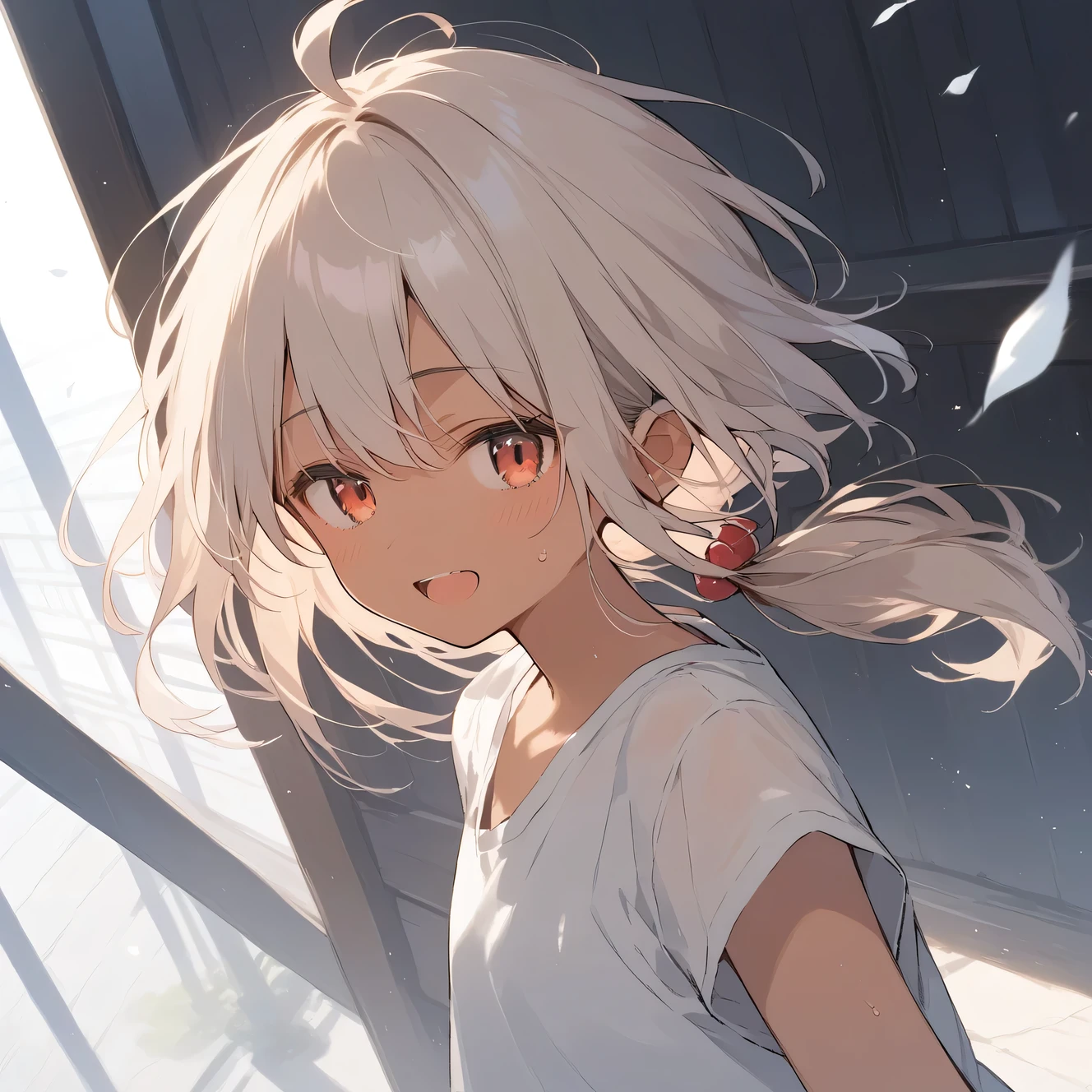 score_9, score_8_up, score_7_up, source_anime, best quality, masterpiece, official art, absurdres, highres, ultra-detailed,waifu2x,Collection: Slice of Life,break,1girl, tomboy, dark-skinned female, short hair, low ponytail, flat chest, beautiful detailed eyes, shorts, sweat, open mouth, (yawn:0.3), sleepily, outdoors, wind,break,(clear line illustration:1.2), super detailed skin,very high resolution, very aesthetic, Best sexual lighting powered by famous artist, 8k,cute picture,beauty illustration,photoshop_(medium),,(Detailed Lighting),best anime 8k konachan wallpaper, pixiv contest winner, 
