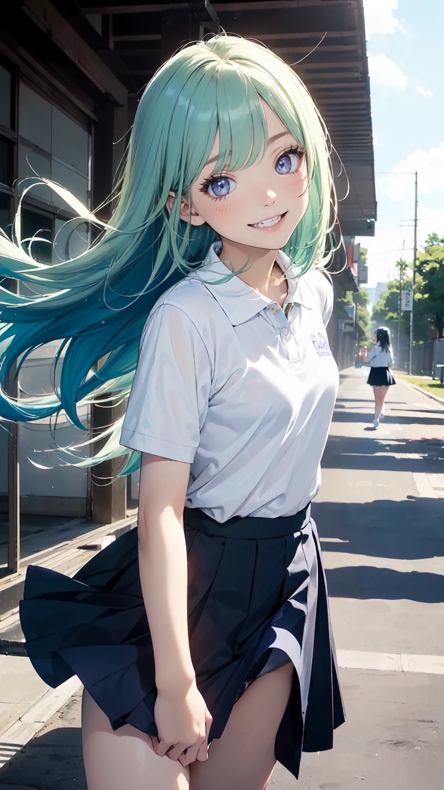 (masterpiece,Highest quality,High resolution,Line art,Anime Style:1.2),(One high school girl:1.2), (((White polo shirt), Navy blue pleated skirt),(White sneakers),White socks),(Smiling happily, showing his teeth:1.3),(Straight long hair swaying in the wind,Light green＋Light blue hair,Natural Makeup, Eyelash extensions, Make your eyelashes thinner and longer:1.3),(Cowboy Shot:1.3),(16 year old Japanese girl:1.2),(Clothes that look good:1.2),(School corridor:1.3), View the subject from below, (The wind blows her short skirt up, exposing her panties, White children&#39;s panties:1.3), (Are standing, Random sexy poses:1.3), (Place your hands behind your head:1.3), (Thick thighs:1.3)