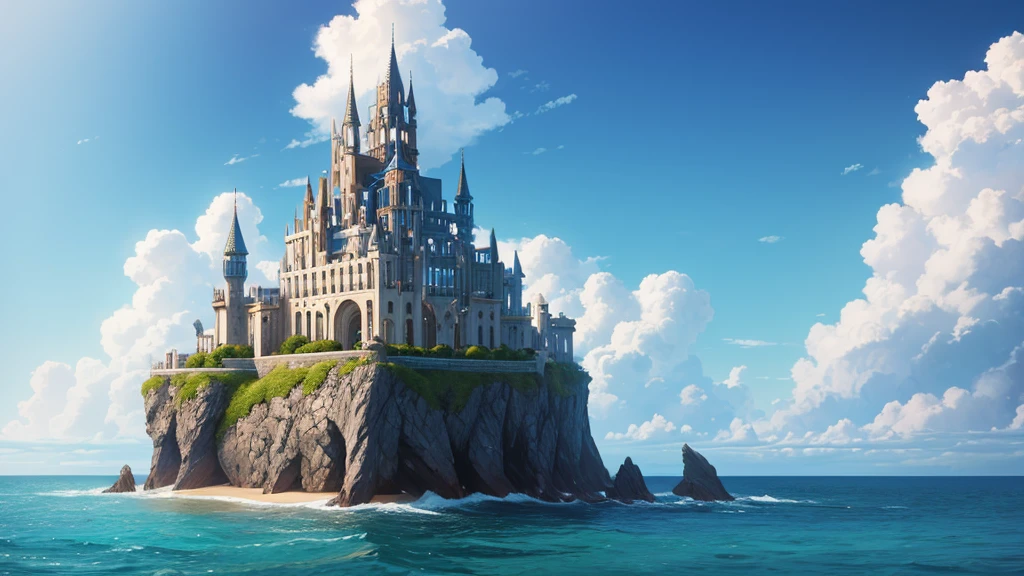 Fantasy-style building with sky and sea in the background