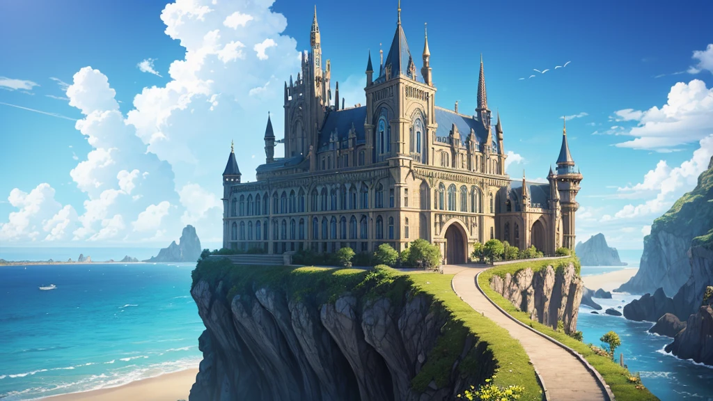 Fantasy-style building with sky and sea in the background