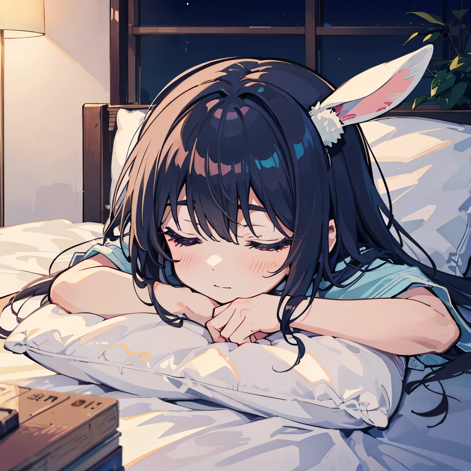 Girl with bunny ears　is sleeping　happy sleeping face　im Bett　inside the room　at night　Dismal