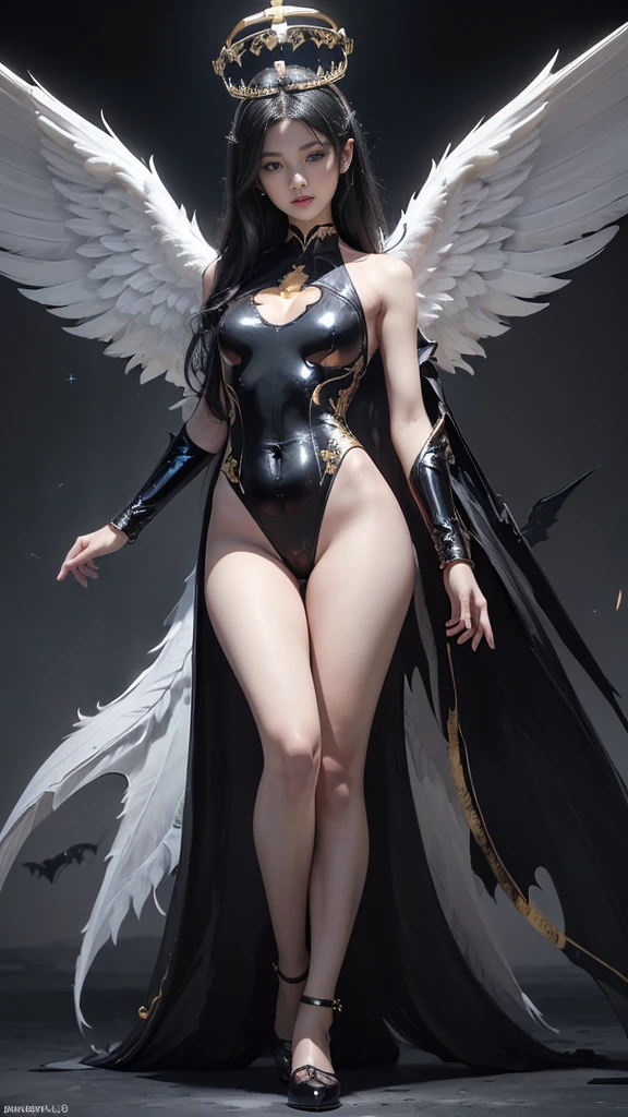 highest god, Great Demon Lord, (Realistic picture, highest resolution, 16K), (A demon god with wide wings and enormous power on his shoulders., Twelve wings on the shoulders, 3 black bat wings:1.5, 3 white angel wings:1.5), 6 angel wings, 6 devil wings, (สาวสวยlong hairสองเมตร, shiny black hairงาม, Smooth white skin, Lips are very red.), ((stand, already)), (big breasts, หัวBig tits), (gigantic breast, breast augmentation, Breast 400 cc., small waist, hips raised, small thighs, Long legs), (dynamic poses), (Armor that slightly conceals the body), Separate theme, (Angel wings and devil wings), floating in the air above the groundดิน, background darkness, Embraced with twelve wings, wearing a large king crown, crown shining bright, wears little armor, There is power coming out of the body., sparkling wings, white light black light, amazing wings, beautiful gesture, 8K resolution, Resolution 4000 x 2250 pixels, beautiful gesture, Angel wings and devil wings, (Realistic picture, highest resolution, 16K), (A demon god with wide wings and enormous power on his shoulders.., Twelve wings on the shoulders., black bat wings:1.3 white angel wings:1.5), Angel wings and bat wings, wings inserted between wings, 12 wings, 6 angel wings, 6 bat wings, (สาวสวยlong hairสองเมตร, shiny black hair, Smooth white skin, Lips are very red.), very long hair, ((stand, toe)), (big breastsโต, หัวBig tits), (gigantic breast, small waist, hips raised, small thighs, Long legs), (dynamic poses), (black and white leotard, There are beautiful patterns., Decorated with gold embroidery., Show off your chest), Separate theme, (Angel Wings and Demon Lord Wings), floating in the air above the ground, standบนแสง, background darkness, Embraced with twelve wings, white and black light crown, A rainbow glow on the back of the head, The most busty breasts, Big tits, universe backdrop, dynamic gesture, thin, wings on shoulders, bat wings on shoulder, angel wings on shoulder, Demon Lord wings on shoulder, 12 wings, twelve wings, White wings, black wings, long hair, (wings fully spread out), (2 levels of devil wings, 2 levels of divine wings), The wings alternate layers perfectly., (((ชั้นปีกนางฟ้าสีขาวสลับชั้นกับblack bat wings, 6 floors)))