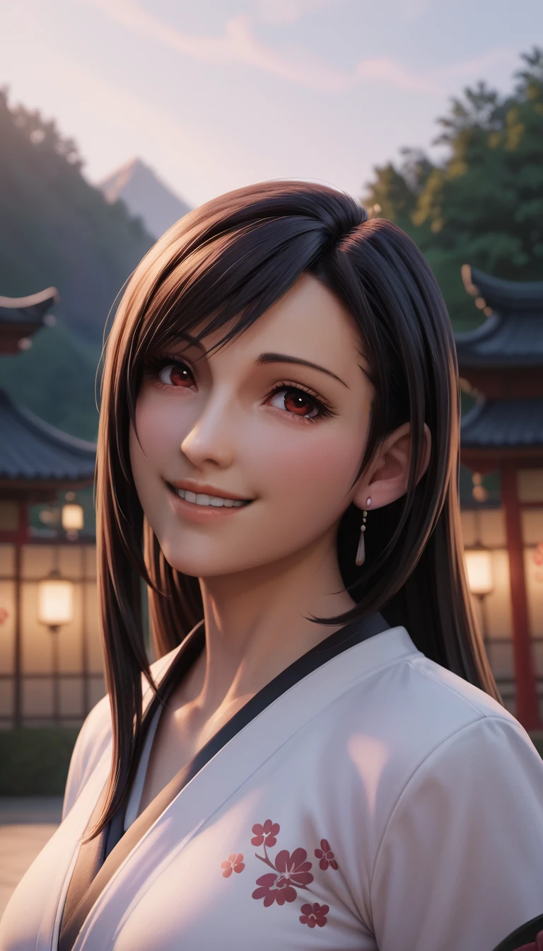 1girl, tifa lockhart, wearing kimono with firework in background, (masterpiece), cinematic, beautiful light, best quality, newest,safe, absurdres, smiling , close eyes, look at camera, tilt head, turn head back