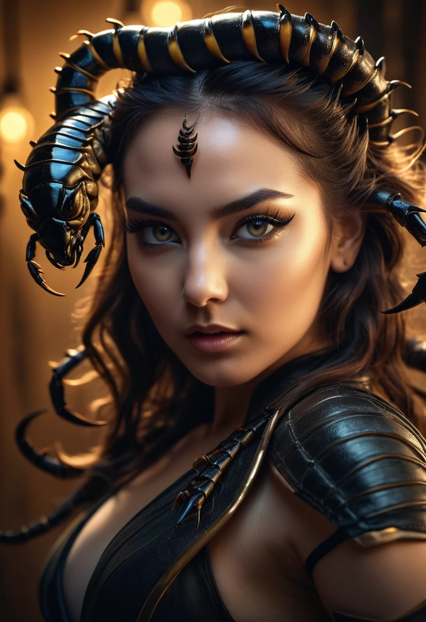 Wide angle shoot of a beautiful woman, scorpion-feline hybrid, extremely detailed, photorealistic, 8k, hyper-realistic, intricate details, striking features, feline eyes, sharp scorpion claws, dynamic pose, ethereal, mysterious aura, dramatic lighting, cinematic, moody colors, deep shadows