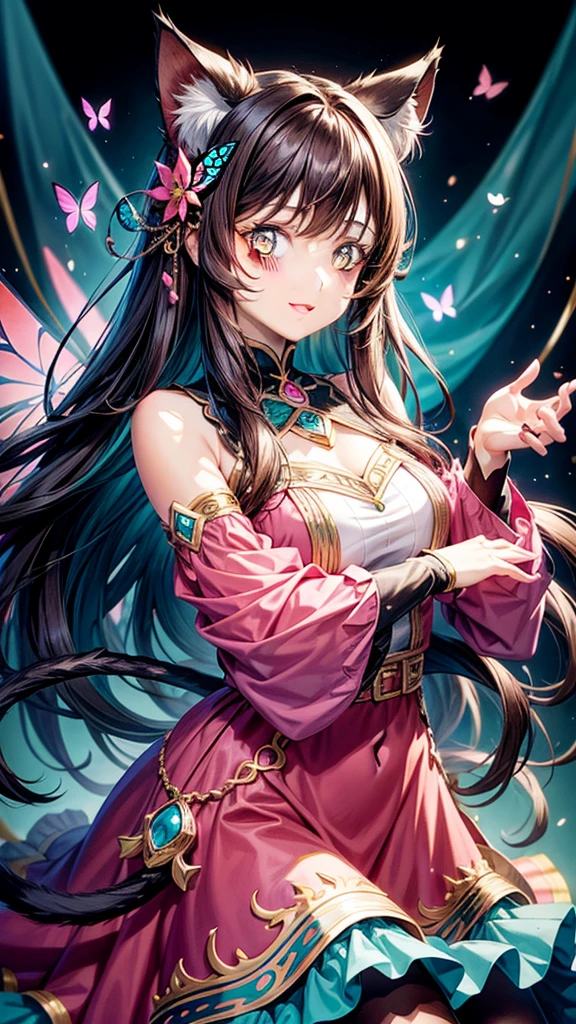 Dark hair, brown eyes, older woman, long thick hair, hair ornaments, happy, cat ears, dress outfit, pink and teal backgrounds, pose, abstract background, fantasy outfits, butterflies