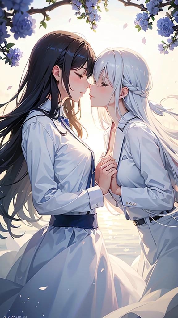 multiple girls, 2girls, long hair, scarf, kiss, Twins, the girl on the left has white hair, the girl on the right has black hair,blush, closed eyes, hair ornament,
selfcest, petals, very long hair, flower, hair flower, surprised,Starry sky background, rose flowers,
dual persona, simple background, upper body,small breasts,left_right ,