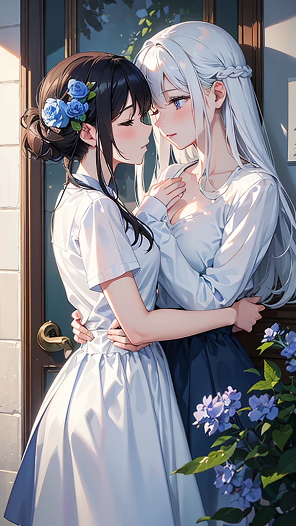 Create a realistic, photograph-style image of a couple sharing a tender kiss. The boy should have striking white hair, dressed in a crisp white t-shirt and stylish white blazer, while the girl should have flowing brown hair, wearing an elegant and soft outfit. Capture their close, intimate moment with their eyes gently closed. Set the scene with a beautifully blurred background of blue flowers and subtle, glowing light, mimicking the depth and warmth of a high-quality photograph. The overall effect should be romantic and captivating, reminiscent of a cherished, real-life moment.