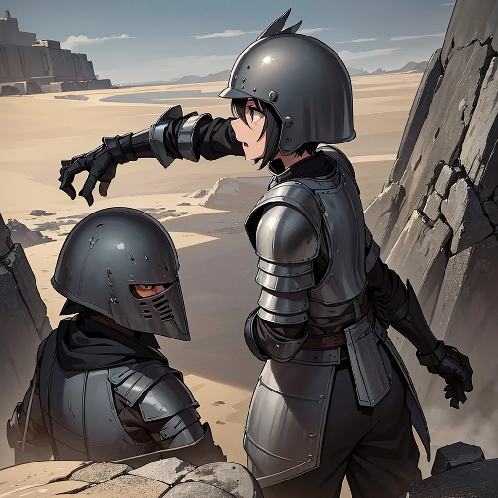 Best illustrations、Best Quality、(((Gray simple armor、Black trousers、Black gloves、Short Hair、Black Hair、20 year old man、Iron Helmet、Iron helmet)))、(((Fighting Pose)))、(Old ruins、desert。Grasasked Knight)、(Black, muddy swamp)、(Medieval Knight)、(Close your eyes、get annoyed、Open your mouth、Get angry、Sweat)、battlefield、(From the back、back view)、Sea of mud、Black Sea、Fall to the ground