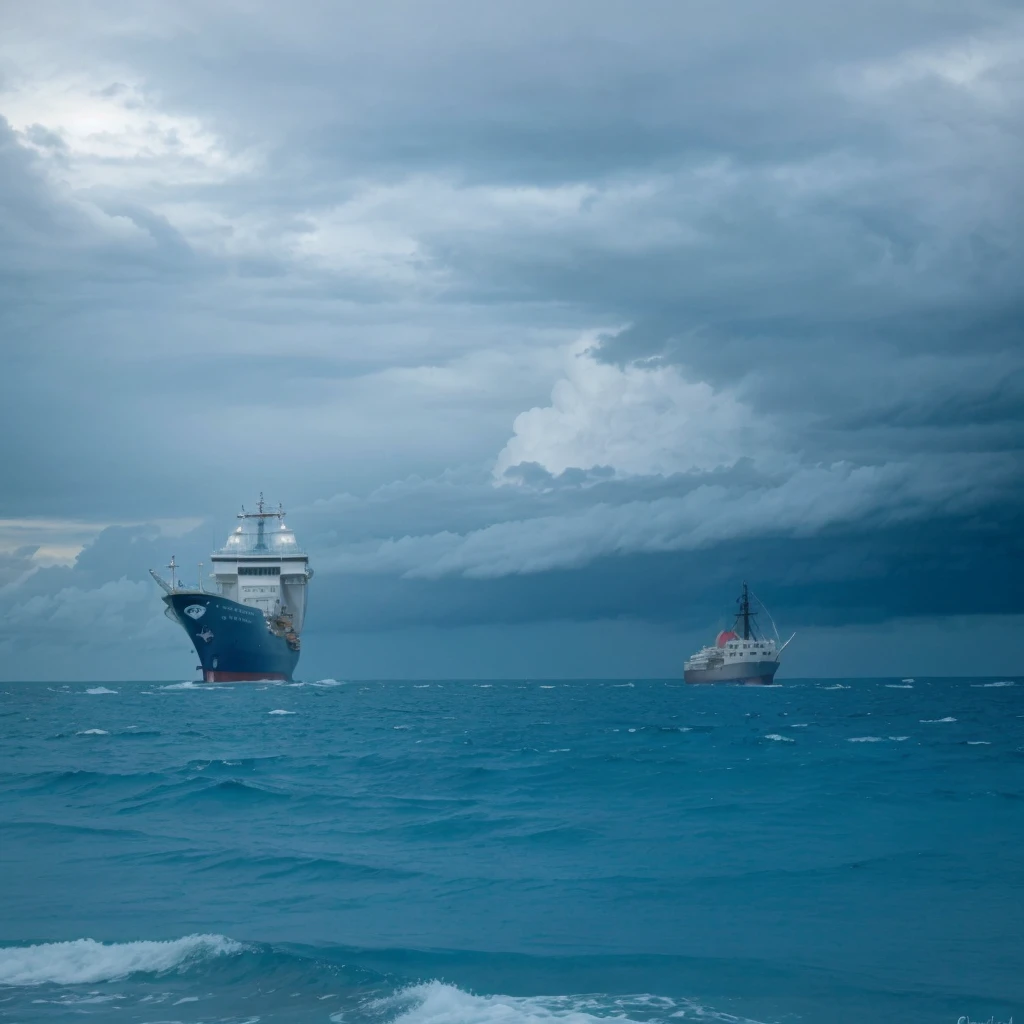 Beautiful ocean with a ship and the cloudy sky about to rain