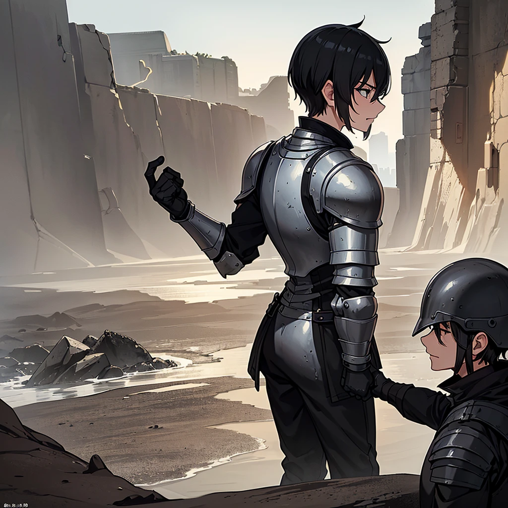 Best illustrations、Best Quality、(((Gray simple armor、Black trousers、Black gloves、Short Hair、Black Hair、20 year old man、Iron Helmet、Iron helmet)))、(((Fighting Pose)))、(Old ruins、desert。Grasasked Knight)、(Black, muddy swamp)、(Medieval Knight)、(Close your eyes、get annoyed、Open your mouth、Get angry、Sweat)、battlefield、(From the back、back view)、Sea of mud、Black Sea、Fall to the ground