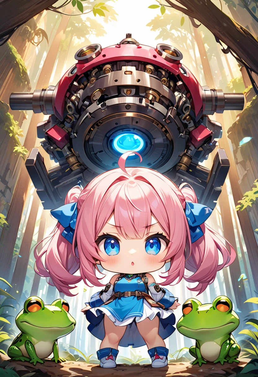 Highest quality、High resolution、Detailed Background、Beautiful face in every detail、Anatomically correct、Detailed facial expressions、fine grain、((full body, from below:1.8, front shot)), break　((少女とBig mechanical frogが向き合う:1.2)、(Chibi Girl:1.2))、Cute hair color、Big beautiful blue eyes、Fuller lips、Pink Lips、Braided twin tails、Ahoge、(A girl is talking to a frog:1.2)、(Cute sleeveless summer clotheini skirt、Cute sneakers)、break　((Spread your legs、Stand with your back straight、Cross your arms))、(Get angry、Close your mouth、Determined look:1.2)、break　(The background is an ancient ruin、in the forest、((Big mechanical frog:1.2)))