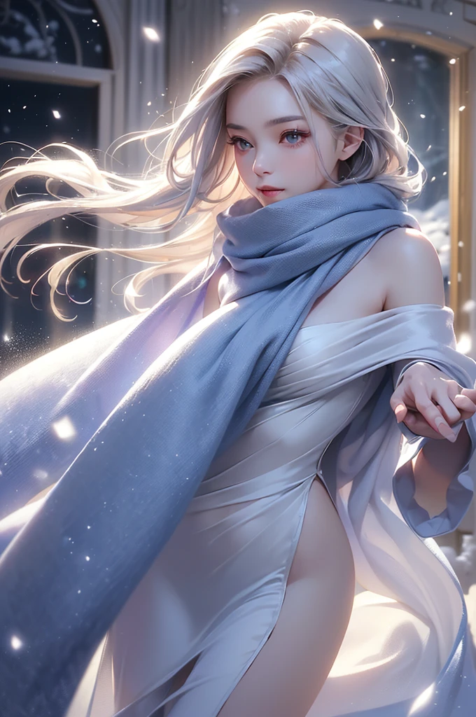 ((masterpiece:1.5、8k、Portraiture、フォトリアリスティックでVery detailedなCG、Very detailed、Particle Effects、Dynamic Effects、Shallow depth of field、Cinematic Light、Lens flare、Ray Tracing、Tabletop、Realistic:1.4、Ultra-high resolution:1.2、Realistic、Realistic))((alone、,A woman wearing a cashmere coat over an off-the-shoulder dress:1.4、wear a long scarf、Elegant woman posing、Detailed face、bright表情、young, bright, Whiter skin、Ample breasts、Best Looks、Ultimate beauty、Shiny silver hair with highlights、bright and shiny hair,、Super long, Silky straight hair、Hair dancing in the wind))(morning、indoors, winter, snow, fireplace)

