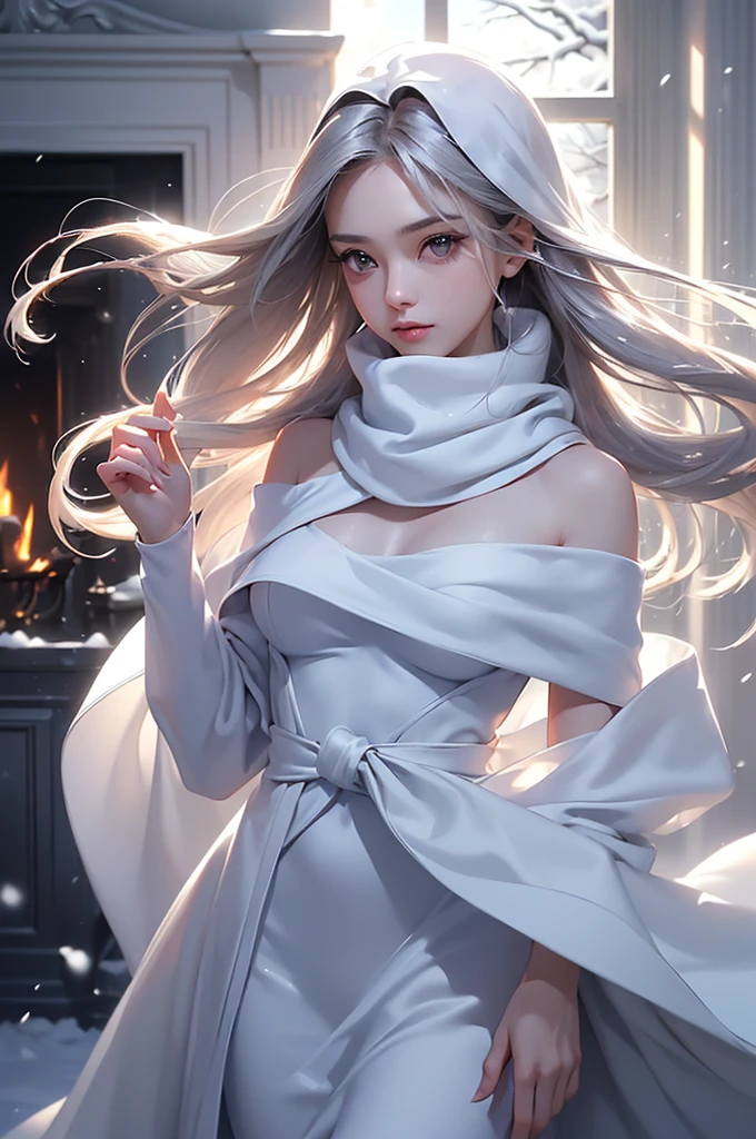((masterpiece:1.5、8k、Portraiture、フォトリアリスティックでVery detailedなCG、Very detailed、Particle Effects、Dynamic Effects、Shallow depth of field、Cinematic Light、Lens flare、Ray Tracing、Tabletop、Realistic:1.4、Ultra-high resolution:1.2、Realistic、Realistic))((alone、,A woman wearing a cashmere coat over an off-the-shoulder dress:1.4、wear a long scarf、Elegant woman posing、Detailed face、bright表情、young, bright, Whiter skin、Ample breasts、Best Looks、Ultimate beauty、Shiny silver hair with highlights、bright and shiny hair,、Super long, Silky straight hair、Hair dancing in the wind))(morning、indoors, winter, snow, fireplace)