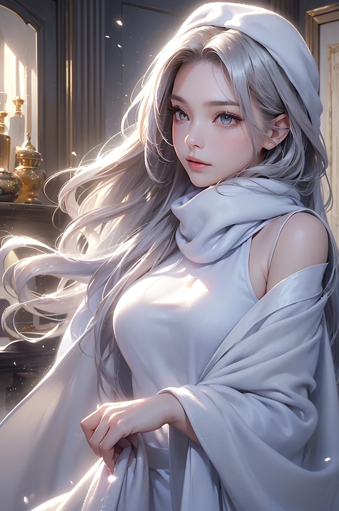 ((masterpiece:1.5、8k、Portraiture、フォトリアリスティックでVery detailedなCG、Very detailed、Particle Effects、Dynamic Effects、Shallow depth of field、Cinematic Light、Lens flare、Ray Tracing、Tabletop、Realistic:1.4、Ultra-high resolution:1.2、Realistic、Realistic))((alone、,A woman wearing a cashmere coat over an off-the-shoulder dress:1.4、wear a long scarf、Elegant woman posing、Detailed face、bright表情、young, bright, Whiter skin、Ample breasts、Best Looks、Ultimate beauty、Shiny silver hair with highlights、bright and shiny hair,、Super long, Silky straight hair、Hair dancing in the wind))(morning、indoors, winter, snow, fireplace)