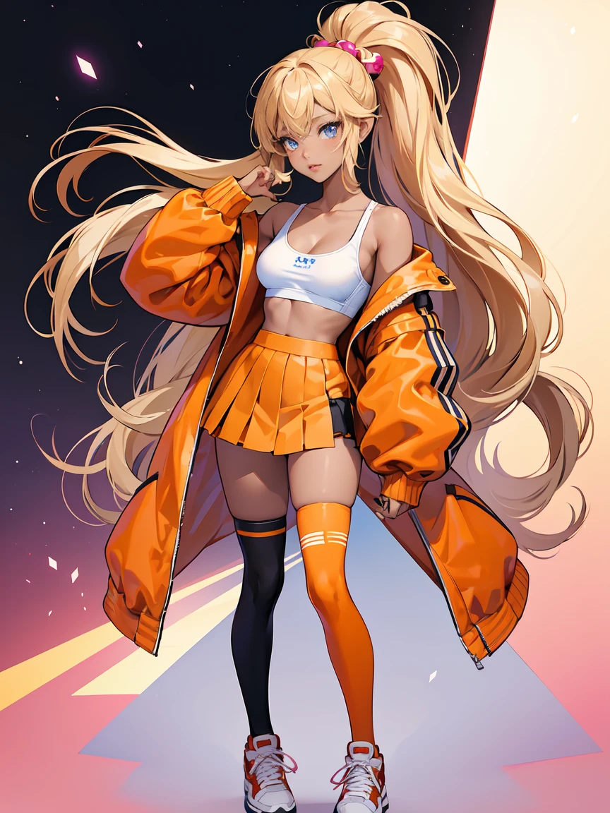 1masterpiece, high resolution 4k, high detalied, 1girl, 25 years old, (full body), standing, spread legs , solo, (yamanba gyaru girl), [ganguro girl], shiny skin, (dark skinned female), [tanned skin], long blonde hair, hime cut, bangs, (hair up), huge breasts, big eyes, ligth blue eyes, hip bones, collarbones, orange jacket, open jacket, poet long sleeves, puffy sleves, sleeves past wrists, (sports mini bra only), (pencil mini skirt), (high waist skirt), high top sneakers, plataform sneakers, (orange thighhighs), [red thighhighs], nails, purple nail polish, white back ground, anime style, inspired by genshin impact. 