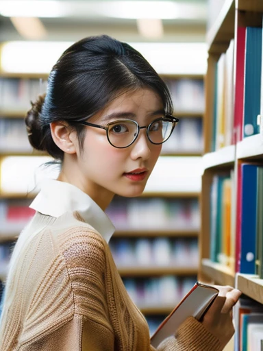 (8k, RAW photo, best quality, masterpiece), (photo realistic), outstanding details, ultra-high resolution, anatomically correct, textured skin, ((Extremely precise and accurate anatomy)),
A cute 28-year-old Japanese woman, librarian arranging books in the library,
(fearless smile:0.1),
(Downturned Eyes), (kind eyes:1.2) , kind Gaze,
(chignon:1.4), low chignon, (Rimless round glasses),
(light makeup) ,
looking at viewer,
pupils sparkling, thin lips, Mouth slightly open,
dark brown hair, Forehead,
(white simple summer sweater) , ( simple cotton Light brown flared skirt) ,
Earrings, Necklace,
(background Spacious library interior, bookshelves),
(backlighting),
reflection light from below,
atmospheric perspective, depth of field,
(dramatic lighting), cinematic lighting,