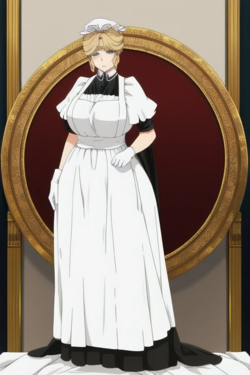 Maria_VM, huge_breasts, standing, solo, VIctorian_Maid_Uniform, masterpiece, best quality, detailed face, detailed eyes, highres, white gloves, long skirt