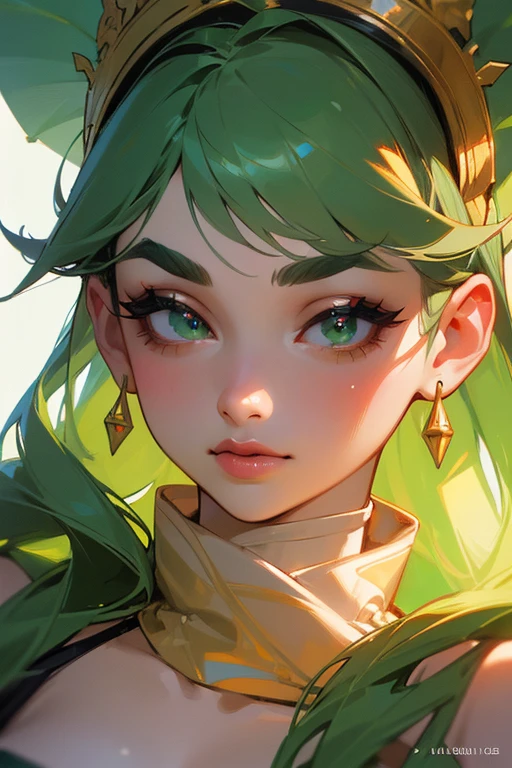 (Highest quality, masterpiece:1.2), High resolution, Very detailed, Realistic:1.37, Fantasy, An illustration, Green Eyes、Queen, Platinum decoration、beautifully、Eyeshadow Red、Thick eyebrows、Long eyelashes、pupils are black、Her hair is light green、Embarrassing、people々Loved by、Shoulder Bare、Braiding、((Swimwear)).(The image of the face remains the same),((Kiss with your eyes closed)).